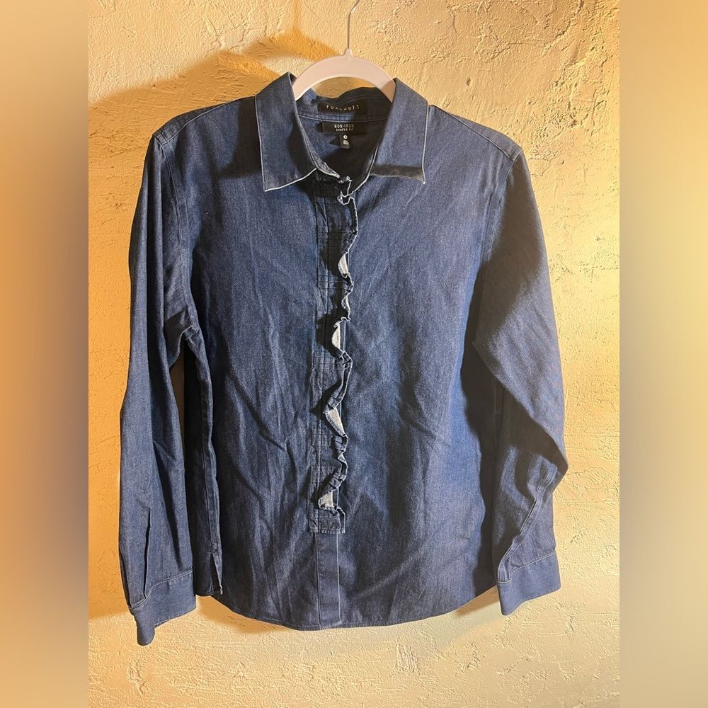 Foxcroft Denim Indigo Non-Iron Shirt ruffles lightweight cotton classic